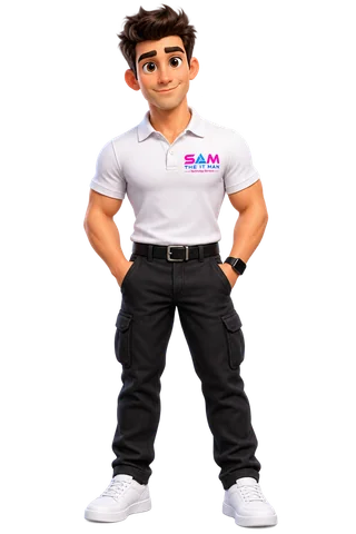 The illustrated Sam, wearing his Sam The IT Man shirt